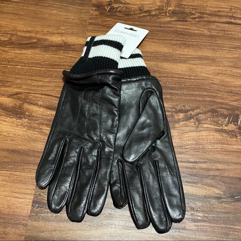 Calvin Klein Black Leather Gloves with White and Black Cuffs